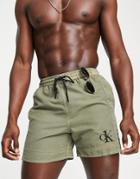 Calvin Klein Small Icon Swim Shorts In Khaki-green
