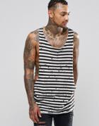 Asos Longline Stripe Sleeveless T-shirt With Distress And Dropped Armhole