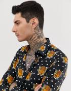 Devils Advocate Slim Fit Cotton Tiger Print Long Sleeve Shirt - Black