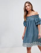 En Creme Cold Shoulder Dress With Embroiderry - Blue