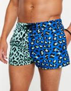Asos Design Leopard Print Mixed Print Swim Shorts In Super Short Length-multi
