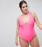 Asos Curve High Leg Plunge Swimsuit - Pink