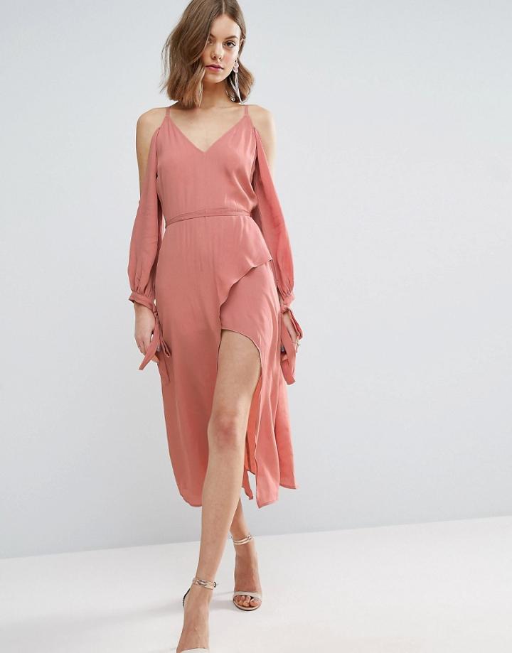Asos Cold Shoulder Long Sleeve Midi Dress - Pink