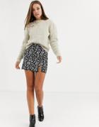 Daisy Street Mini Skirt With Front Split In Floral Print-black