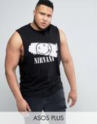 Asos Plus Nirvana Sleeveless Band T-shirt With Reverse Neck Trim - Black