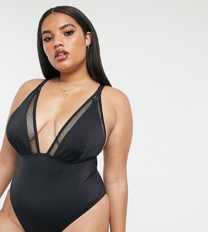Asos Design Curve Fishnet Insert Plunge Swimsuit In Black