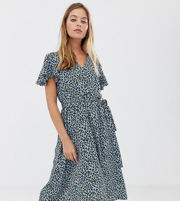 Only Petite Bright Leopard Button Through Midi Dress With Angel Sleeve - Multi