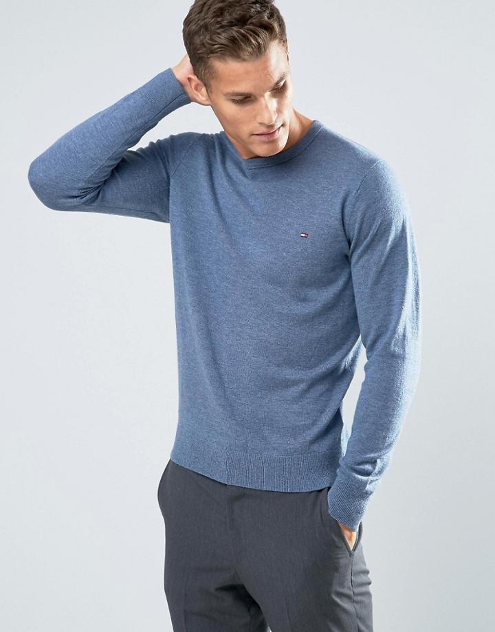 Tommy Hilfiger Sweater With Flag Logo In Blue Lambswool - Blue