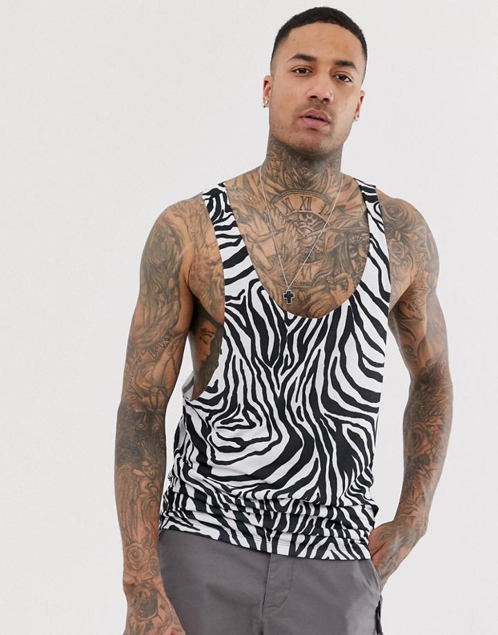 Asos Design Tank With Racer Back In All Over Zebra Print - White