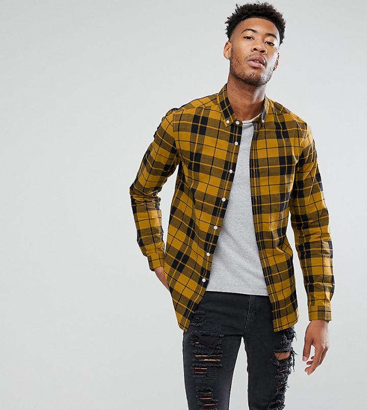 Asos Tall Stretch Slim Poplin Check Shirt In Mustard - Yellow