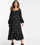 Asos Design Maternity Square Neck Midi Smock Dress With All-over Flower Embroidery In Black