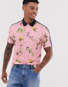Asos Design Relaxed Polo With Floral Print And Sleeve Stripe-pink