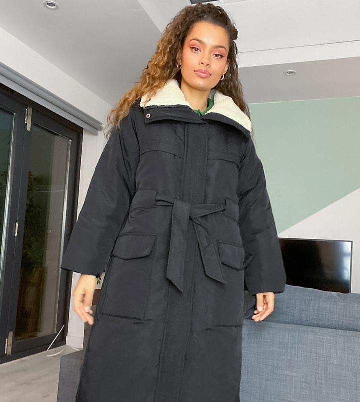 Asos Design Petite Sherpa Collared Belted Puffer Jacket-black