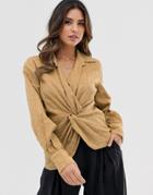 Asos Design Long Sleeve Twist Front Top In Textured Fabric - Brown
