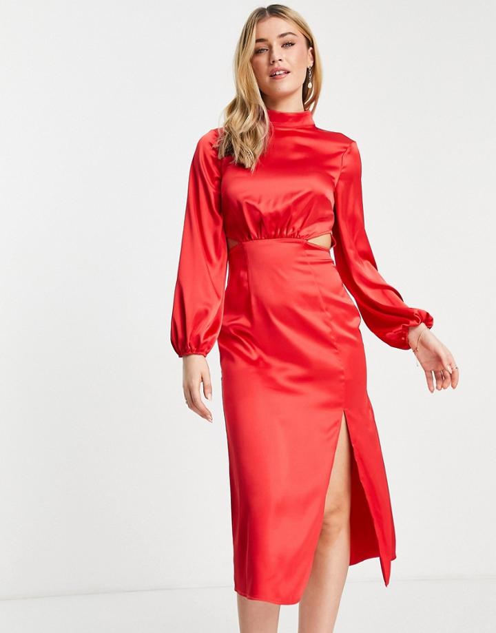 Miss Selfridge Going Out Cut Out Midi Dress In Red Satin