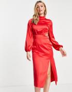 Miss Selfridge Going Out Cut Out Midi Dress In Red Satin