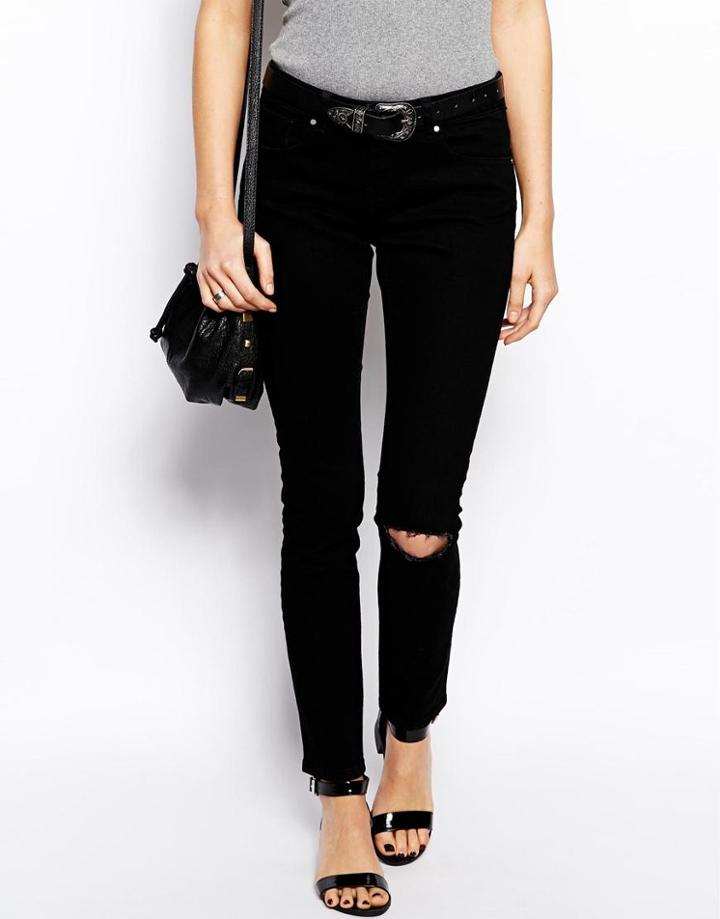 Asos Whitby Low Rise Skinny Jeans In Clean Black With Ripped Knee