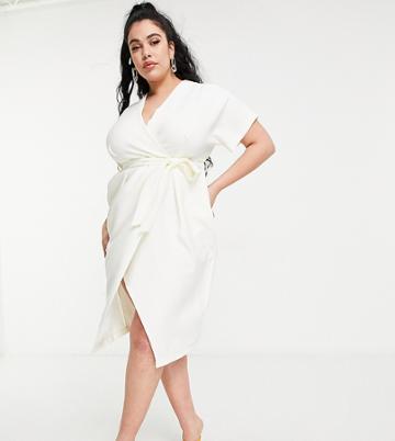 Closet London Plus Kimono Wrap Midi Dress In Ivory-white