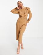 Ax Paris Ruffle Front Jumpsuit In Mocha-brown