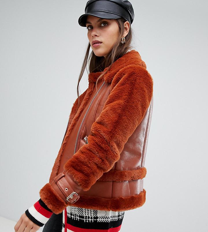 River Island Shearling Aviator Jacket In Rust - Brown