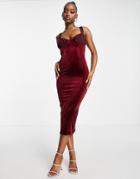 Asos Design Velvet Cupped Midi Dress With Seam Detail In Burgundy-red