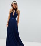 Tfnc Pleated Maxi Bridesmaid Dress With Cross Back And Bow Detail - Navy