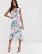 Asos Design Floral Grid Stripe Ruffle Bodycon Midi Dress-multi