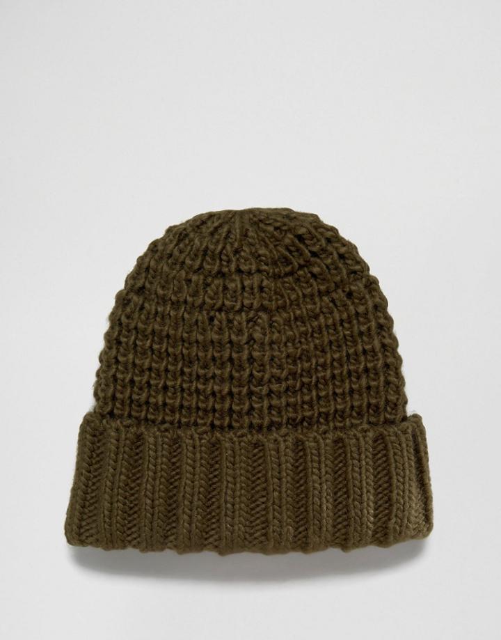 Asos Chunky Fisherman Beanie In Khaki - Green