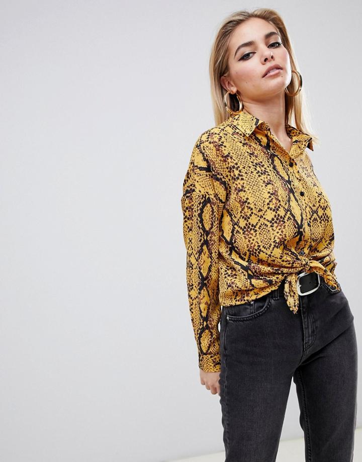 Asos Design Tie Front Shirt In Snake Print - Multi