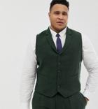 Asos Design Plus Wedding Slim Suit Vest In Green Wool Mix Herringbone
