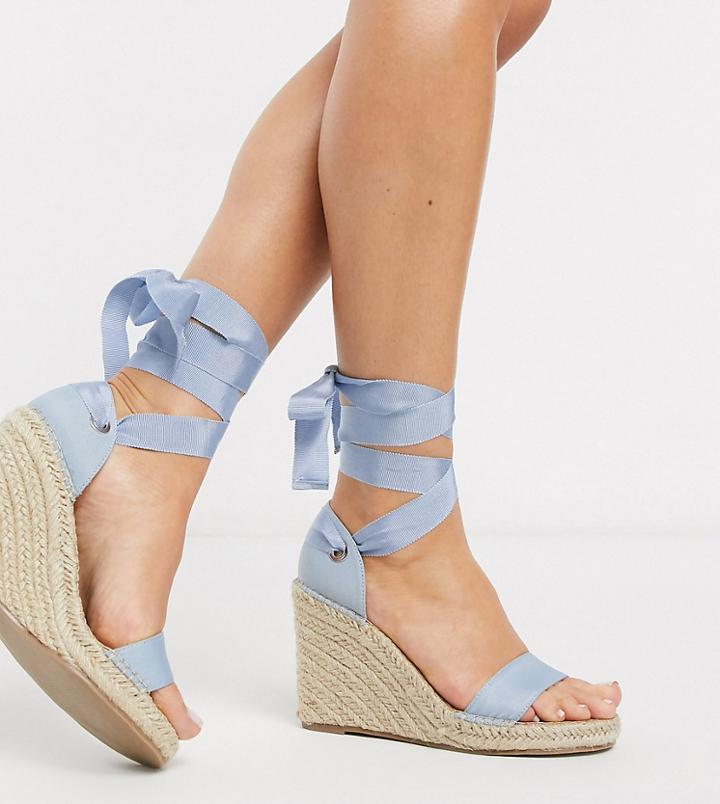 Asos Design Wide Fit Treat Tie Leg Espadrille Wedge Sandals In Blue-blues
