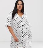 Asos Design Curve V Neck Button Through Mini Smock Dress In Mono Spot-multi
