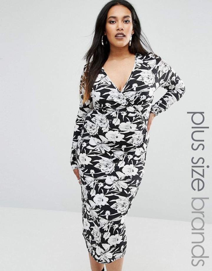 Club L Plus Wrap Midi Dress In Floral Print - Black