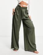 First Distraction The Label High Waist Satin Wide Leg Pants In Olive-green