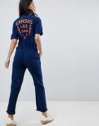 Lee Denim Zip Through Jumpsuit With Embroidered Detail - Blue