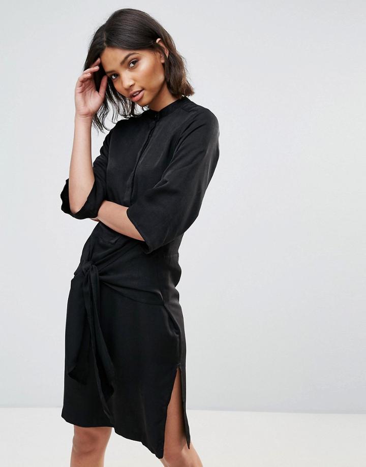 Neon Rose Tie Front Midi Dress - Black