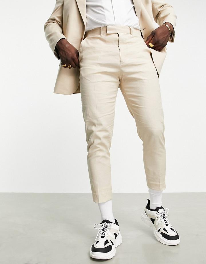Asos Design Tapered Suit Pants In Neutral Linen Mix