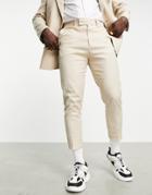 Asos Design Tapered Suit Pants In Neutral Linen Mix