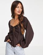 Asos Design Long Sleeve Blouse With Neck Tie Detail And Ruched Front Keyhole In Brown