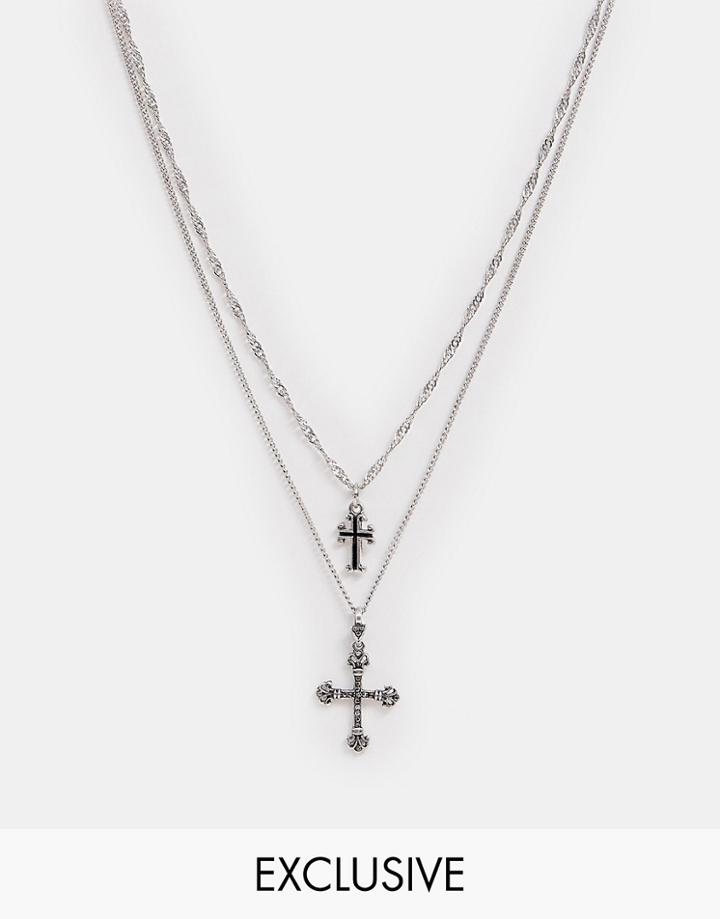 Reclaimed Vintage Inspired Layered Necklace With Double Cross Pendant Exclusive To Asos-silver