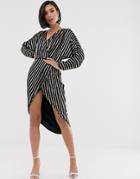Asos Design Stripe Embellished Midi Dress With Batwing Sleeve-multi
