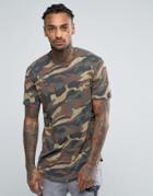 Only & Sons Longline T-shirt With Curved Hem In Camo - Green