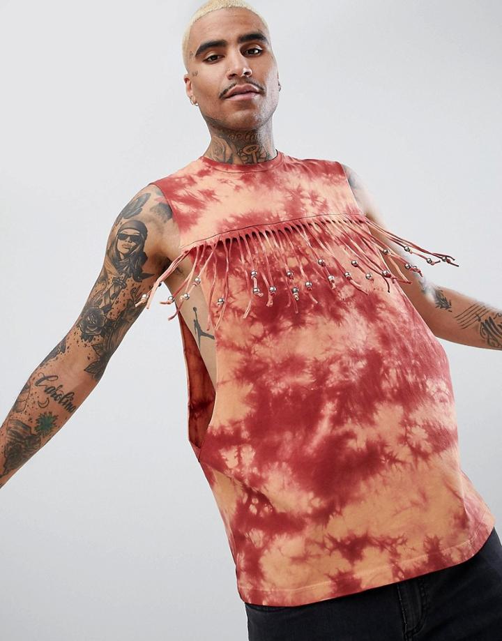 Asos Design Festival Sleeveless T-shirt In Tie-dye Wash With Beaded Fringing In Rust-orange