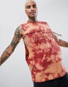 Asos Design Festival Sleeveless T-shirt In Tie-dye Wash With Beaded Fringing In Rust-orange