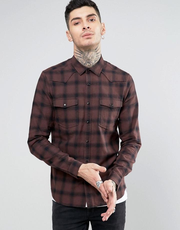 Asos Regular Fit Western Check Shirt - Brown