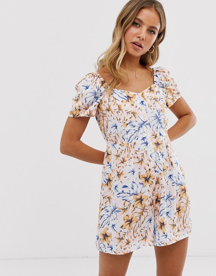 New Look Square Neck Button Through Romper In Floral Print - Multi