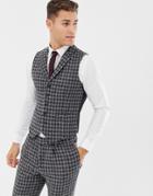Asos Design Slim Suit Vest In 100% Wool Harris Tweed In Monochrome - Black
