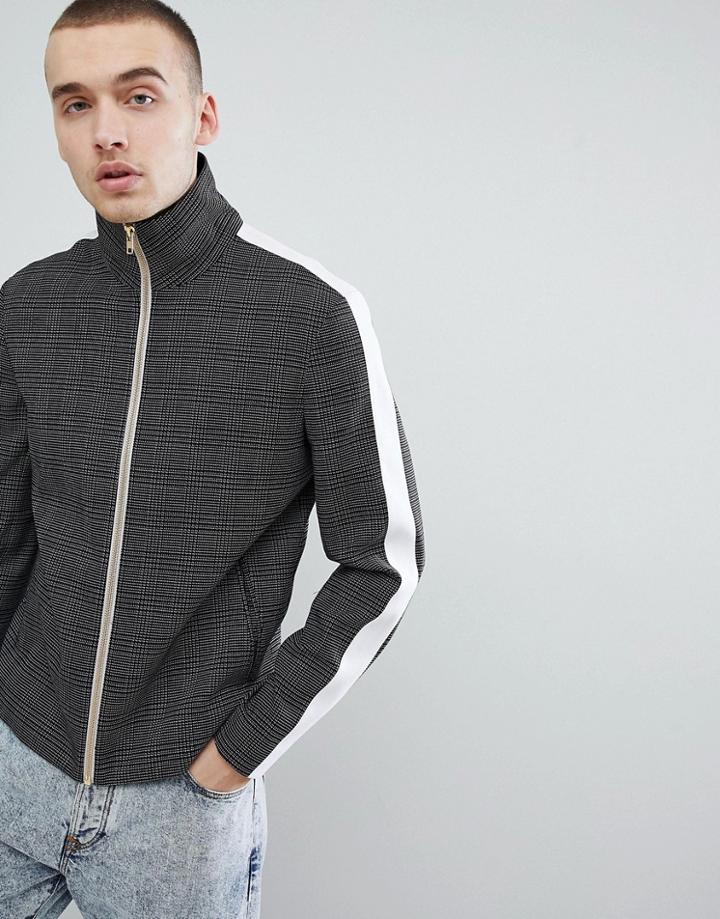 Asos Design Slim Smart Track Jacket In Black Micro Check With Side Stripes - Black