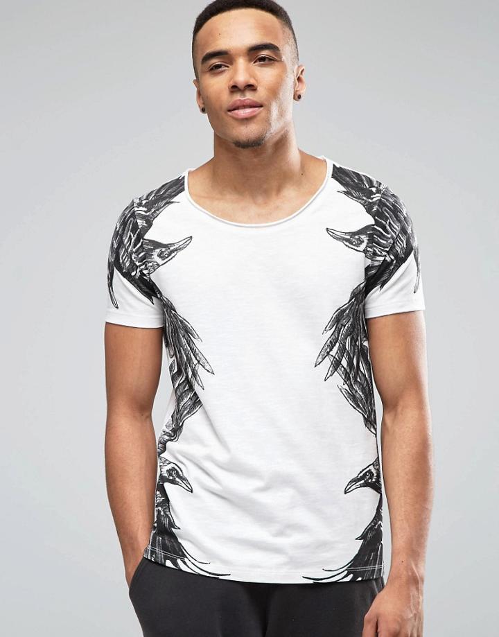 Asos T-shirt With Scoop Neck And Bird Print Side Placement - Off White