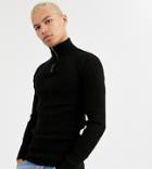 Asos Design Tall Muscle Fit Ribbed Half Zip Sweater In Black